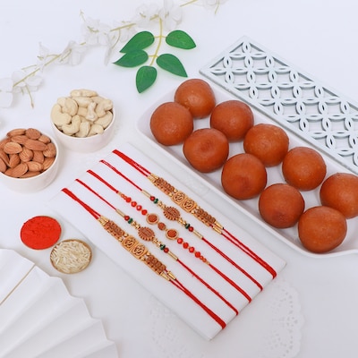 112223_Set of 5 Rakhi with Gulab Jamun and Dry Fruit Delights