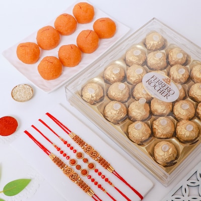 112229_Elegant Rakhi Set of 4 with Ferrero Rocher Sweet Treats