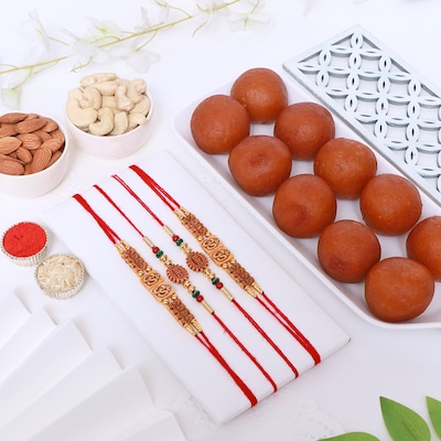 Set of 4 Rakhi with Gulab Jamun and Dry Fruits