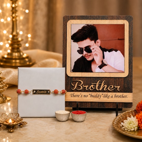 Buy Brother Wooden Photo Frame with Personalized Rakhi