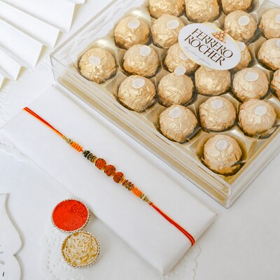 Single Rudraksh Rakhi N Ferrero Rocher 24 pcs