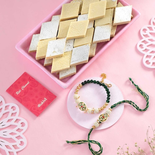Buy Elegant Green Pearl Rakhi Set with Kaju Katli