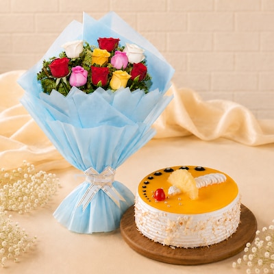 Glittery Roses And Pineapple Cake Combo
