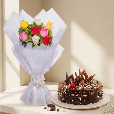 Charming Roses And Truffle Choco Cake Combo