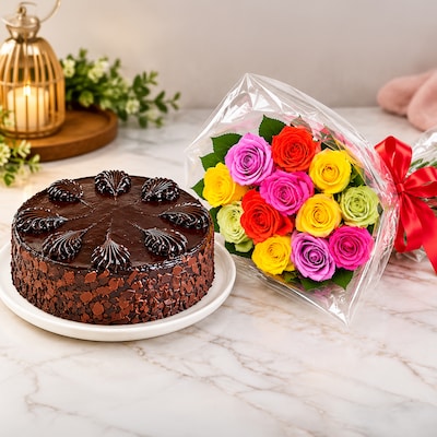 Chocolate Cake with Assorted Roses